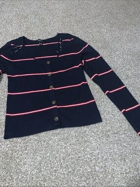 Navy Striped Button-Up Cardigan with Red/White Accents